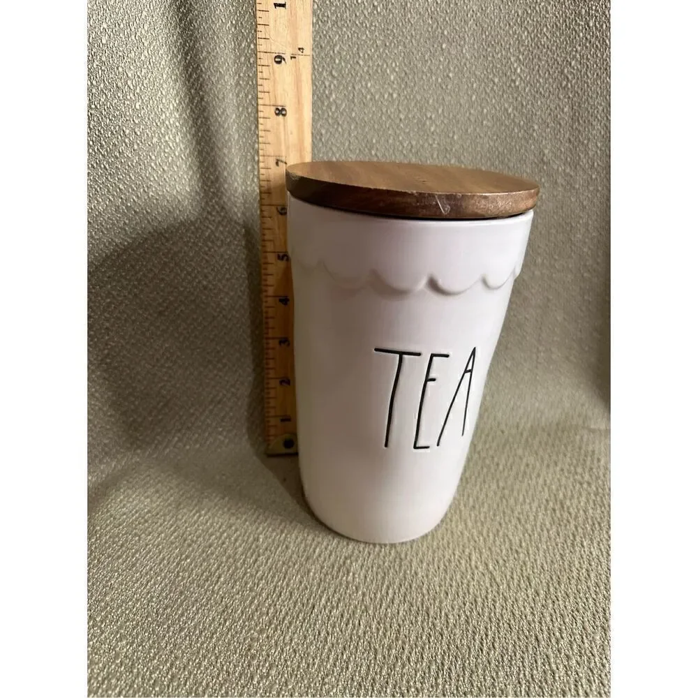 Rae Dunn TEA Cellar Canister Storage Ivory Brown Wood Lid Farmhouse 7” X 4”